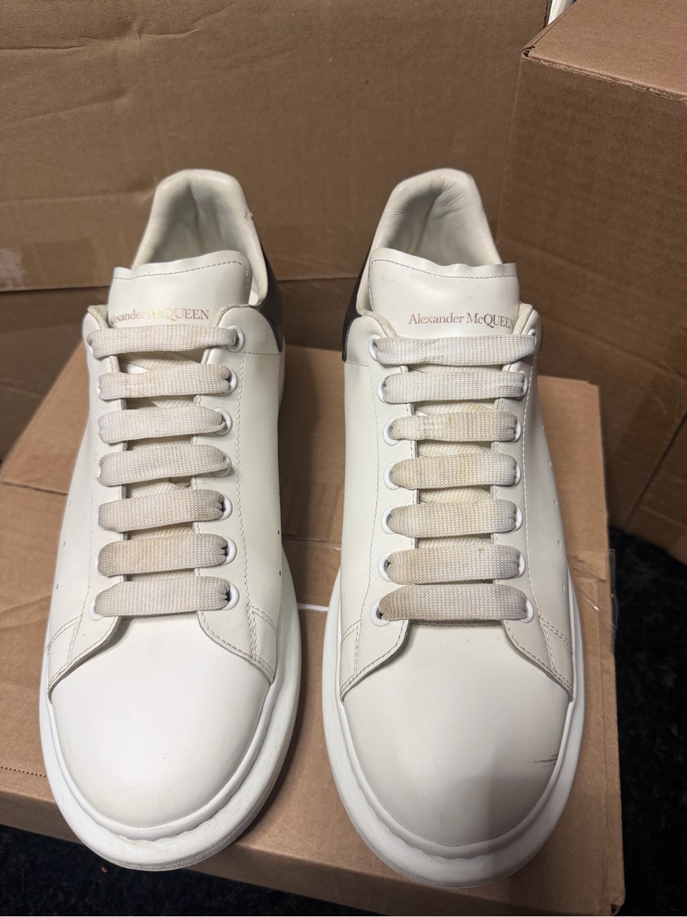 Alexander McQueen Cream-White Leather Sneakers with Black Heel Tab